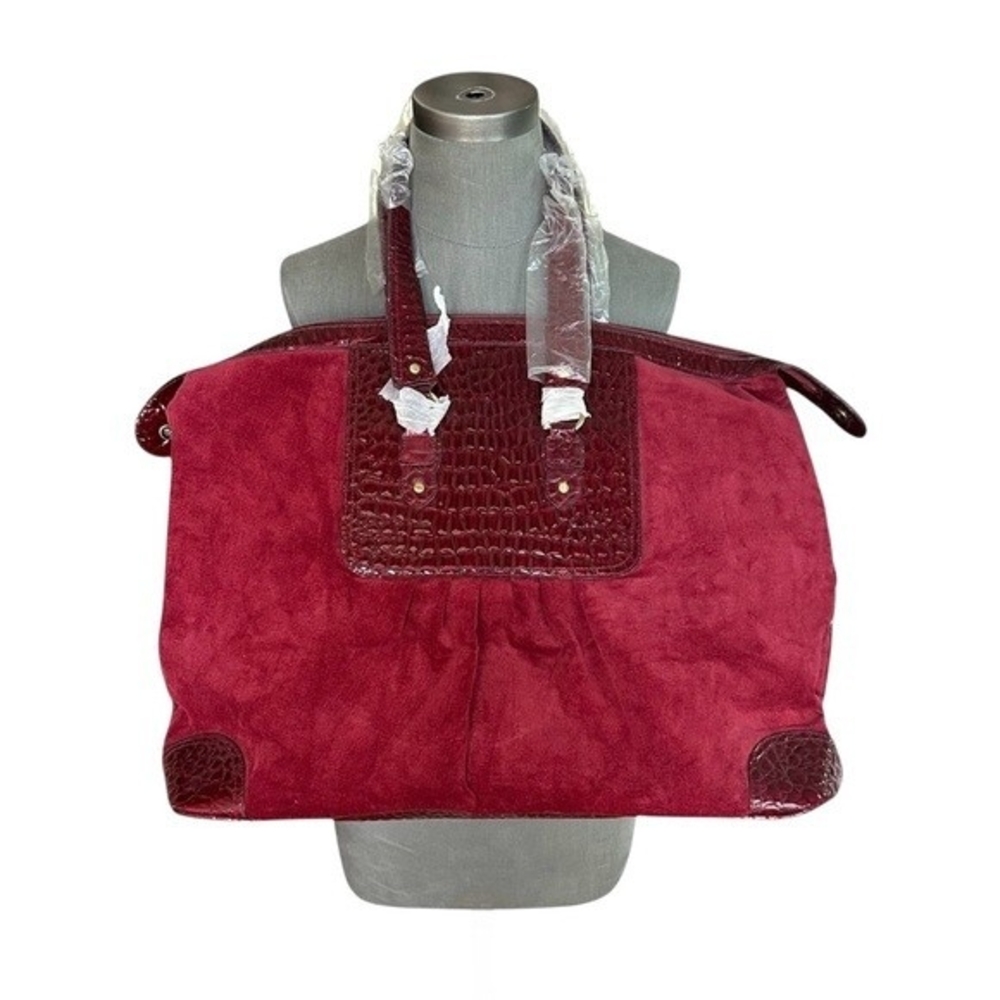 Burgundy Red Velvet Vegan Leather Trim Weekend Tote Shoulder Bag 22x15x8 NWOT - Picture 5 of 10